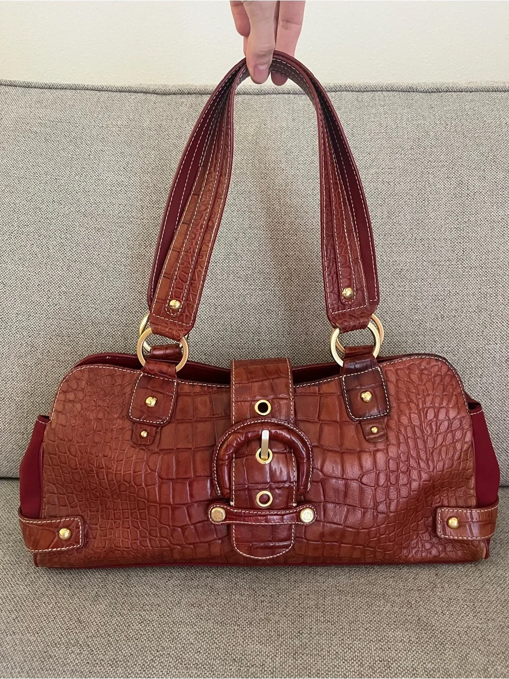 Brown Burgundy Y2K Croc-Embossed Shoulder Bag with Large Buckle - Women Bags